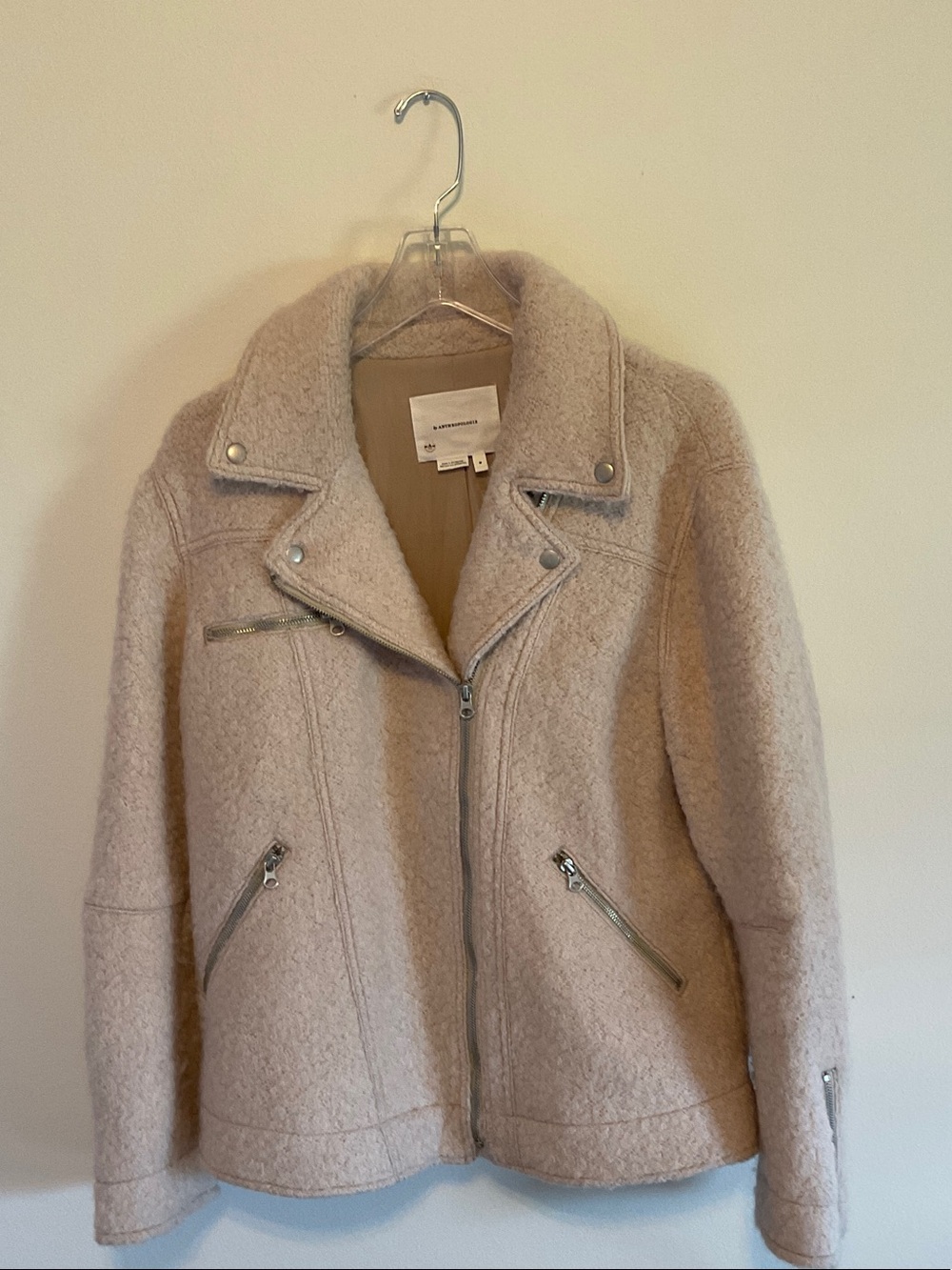 Anthropologie Creamy Light Pink Teddy Moto Jacket Heavy 50% Wool